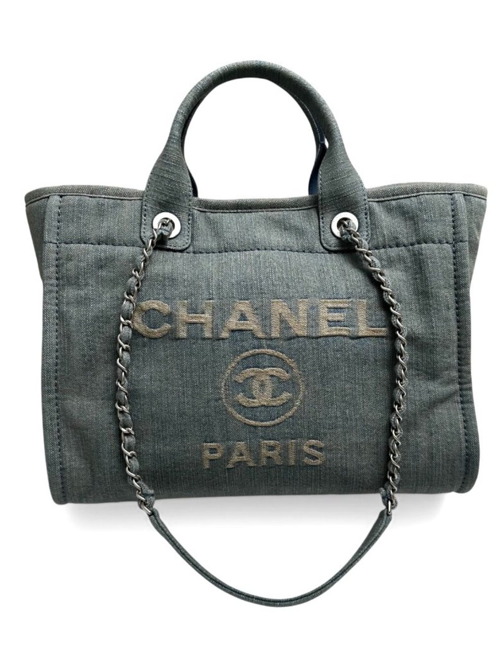 CHANEL Light Blue Denim Medium Deauville Logo Tote Bag SHW
